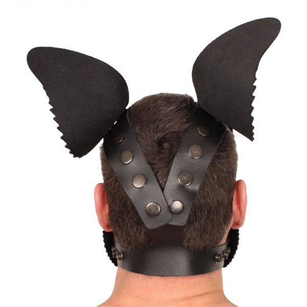 MASCHERA DA CUCCIOLO IN PELLE NERA + SET LINGUA E ORECCHIE NERE