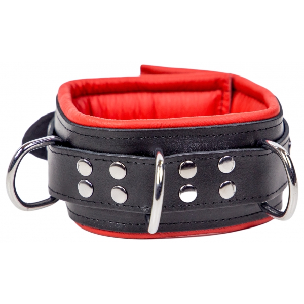 Gevoerde lederen halsband met 3 D-ringen Rood