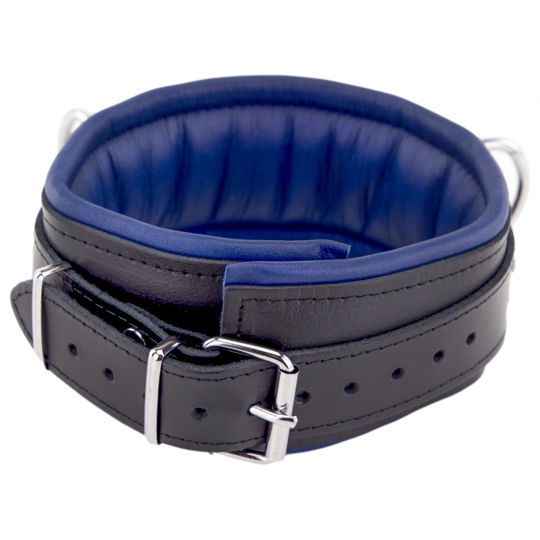 Lederhalsband - gepolstert - 3 D-Ringe - Schwarz/Blau