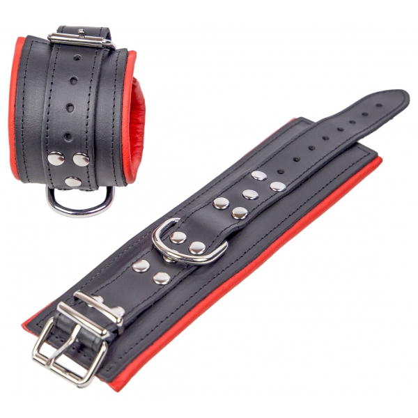 Padded leather handcuffs for wrists Black-Red