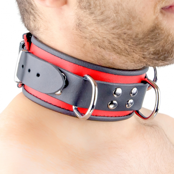 Leather Necklace 3 Rings D Red-Black