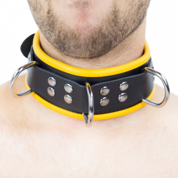 Leder-Halskette - 3 D-Ringe - Schwarz/ Gelb