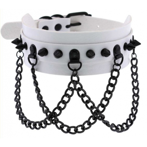Spikes Collar With Black Chain WHITE