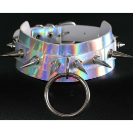 Double Layer PU Leather Silver Nail Collar - Laser WHITE