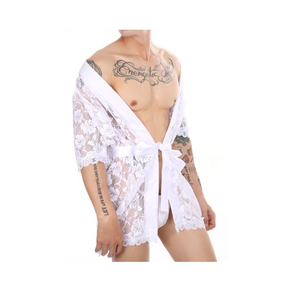 Sexy Tranparent Lace Night Robe For Men WHITE