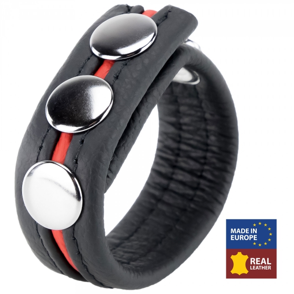 Leather Cockring 3 Pressures Black-Red