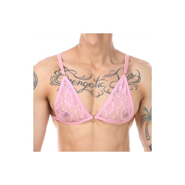 Alluring Mankini Lace Bra Adjustable For Men PINK