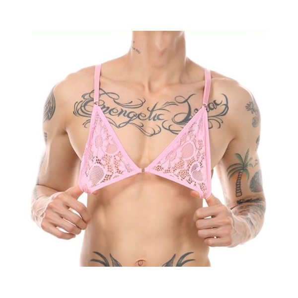 Alluring Mankini Lace Bra Adjustable For Men PINK