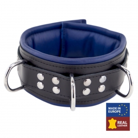 The Red Leather collar - padded - 3 D rings - Black/Blue