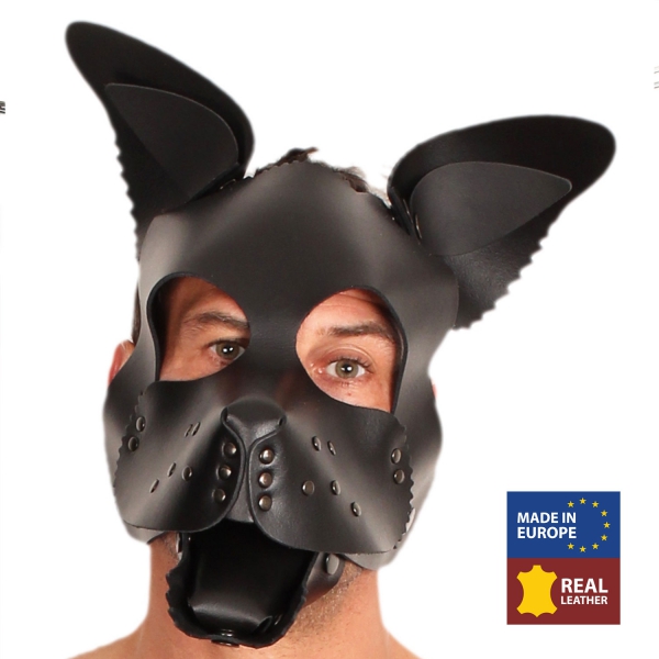 MASCHERA DA CUCCIOLO IN PELLE NERA + SET LINGUA E ORECCHIE NERE