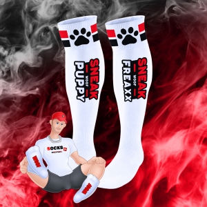 SneakFreaxx Cachorrinho Tubo Alto Meias Brancas-Vermelho