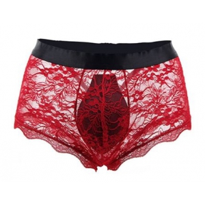 NoGenderWear Men Transparent Lace Back Bandaged Boxers RED