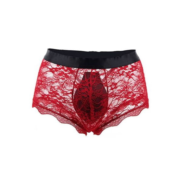 Men Transparent Lace Back Bandaged Boxers RED