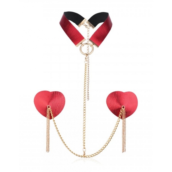 Heart Nipple Cover Chain O Ring Collar RED
