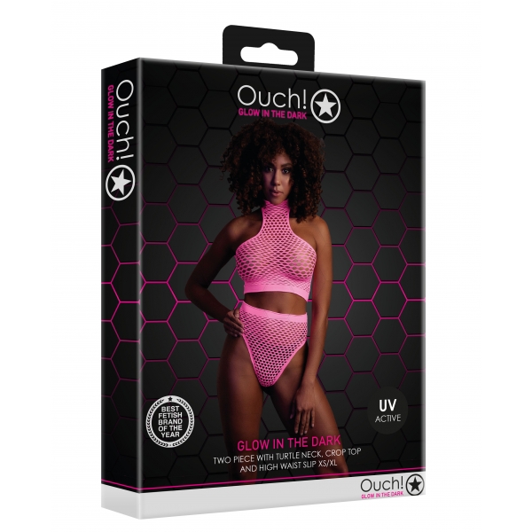 Set bustier e mutandine a rete rosa fluorescente