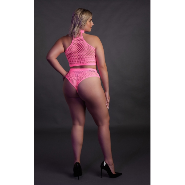 Conjunto de corpiño y braguita de rejilla rosa fluorescente