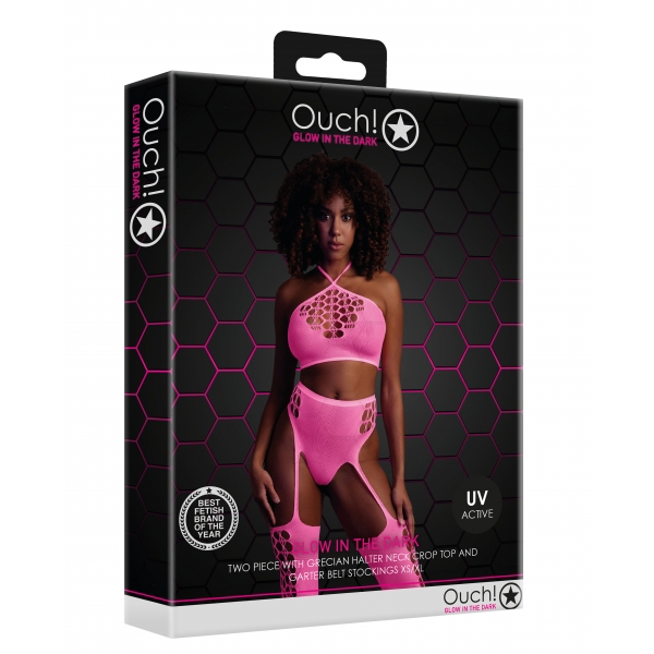 Fluorescerend Roze 2-delige Bustier en Jarretelgordel Set