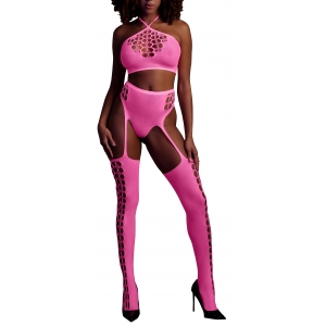 Ouch! Glow Fluorescent Pink 2-Piece Bustier and Suspender Belt Set