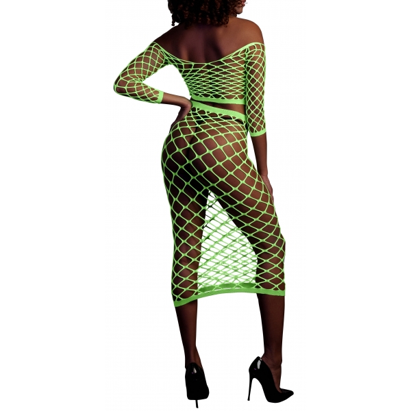 Corpete verde fluorescente e vestido de rede sem ombros