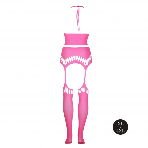 Fluorescent pink 2-piece halter top and garter belt set