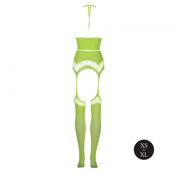 Fluorescent green 2-piece halter top and garter belt set