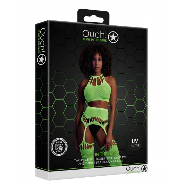 Fluorescerend Groen 2-delig Halter Bustier en Jarretel Gordel Set