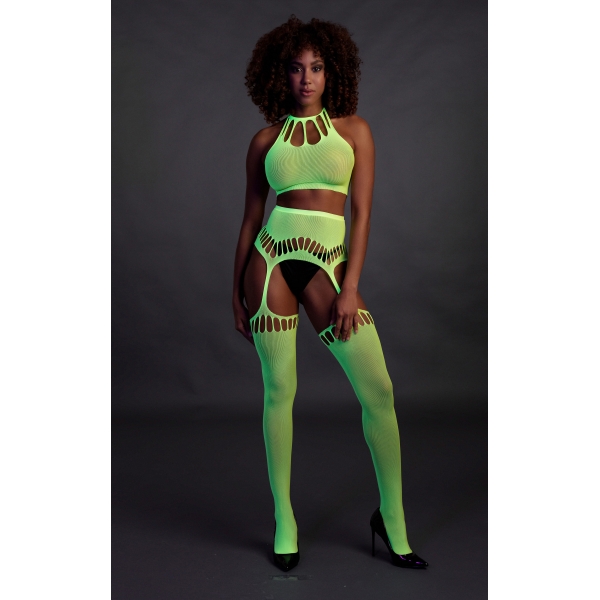 Fluorescerend Groen 2-delig Halter Bustier en Jarretel Gordel Set