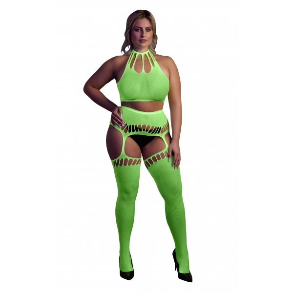 Fluorescent green 2-piece halter top and garter belt set