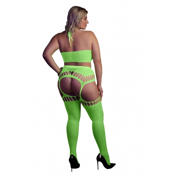 Fluorescent green 2-piece halter top and garter belt set