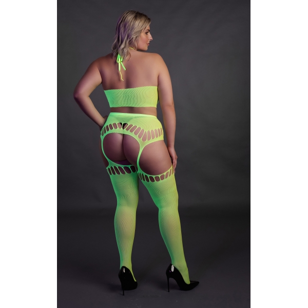 Fluorescent green 2-piece halter top and garter belt set