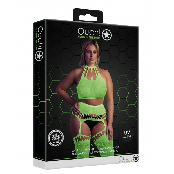 Fluorescent green 2-piece halter top and garter belt set