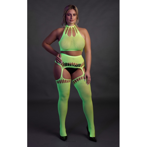 Fluorescerend Groen 2-delig Halter Bustier en Jarretel Gordel Set