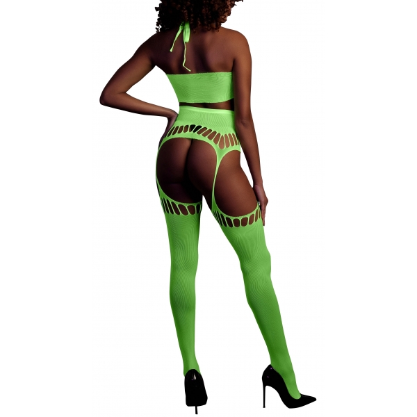 Fluorescerend Groen 2-delig Halter Bustier en Jarretel Gordel Set