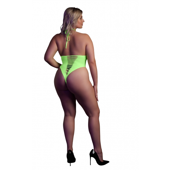 Body verde fluorescente com virilha aberta e costas nuas