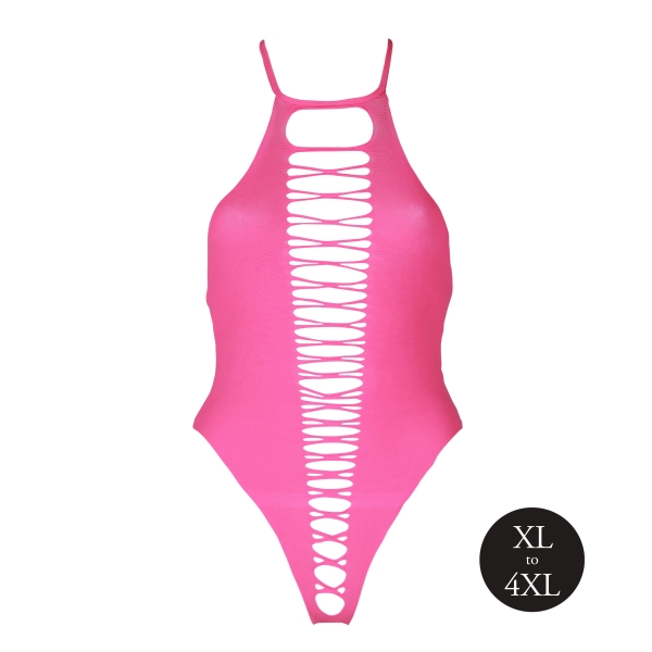 Fluorescent pink open crotch bodysuit with bare back