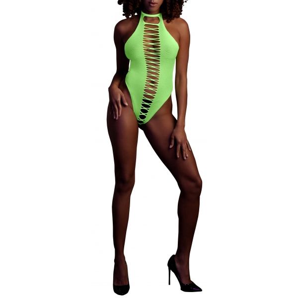 Fluorescent green open crotch bodysuit with bare back