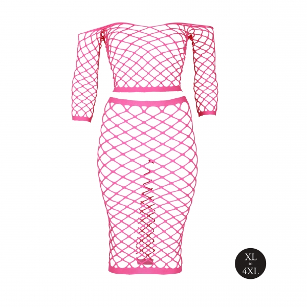 Fluorescent pink bustier and off-the-shoulder net dress
