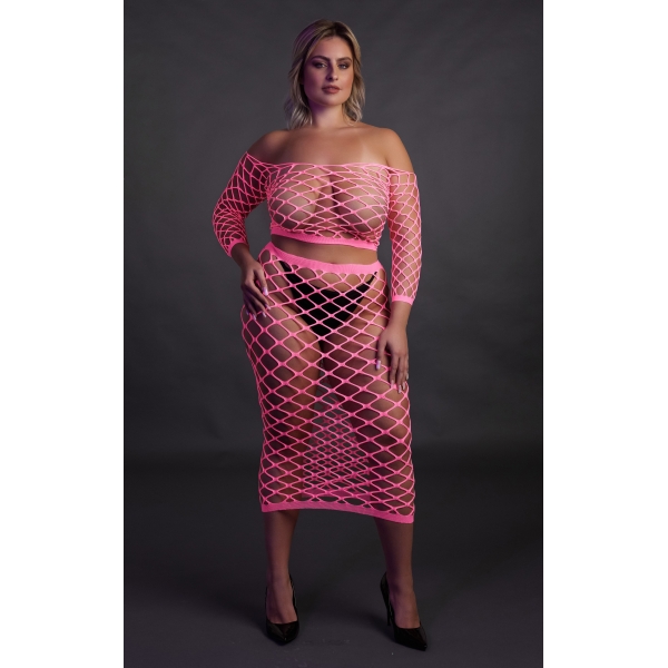 Fluorescerend Roze Bustier en Off-the-shoulder Mesh Jurk