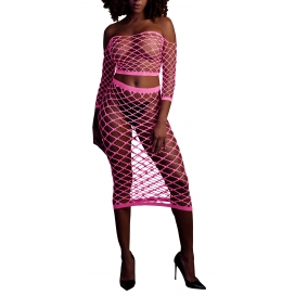 Ouch! Glow Fluorescent pink bustier and off-the-shoulder net dress