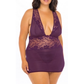 Oh Là Là Chéri MIRABELLE LACE AND MESH DEEP PLUNGE FITTED BABYDOLL WITH MATCHING G-STRING