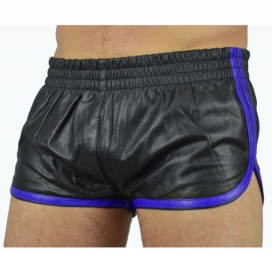 Sports Line Imitation Leather Shorts Black-Blue