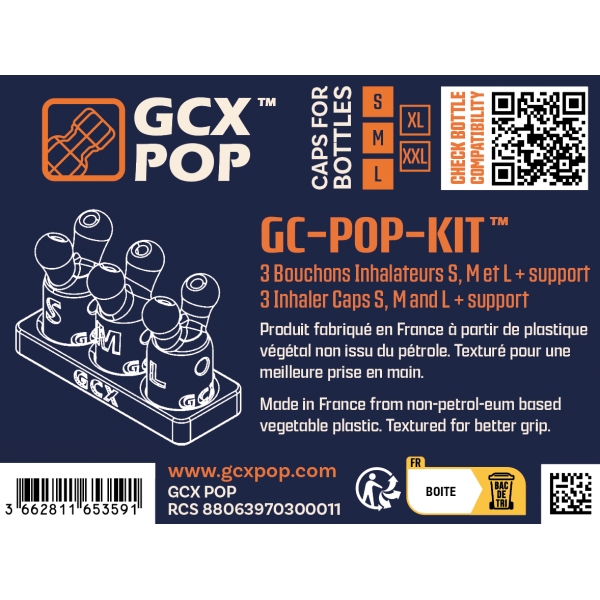 Set van 3 GC-POP™ S/M/L inhalatorstoppers + standaard