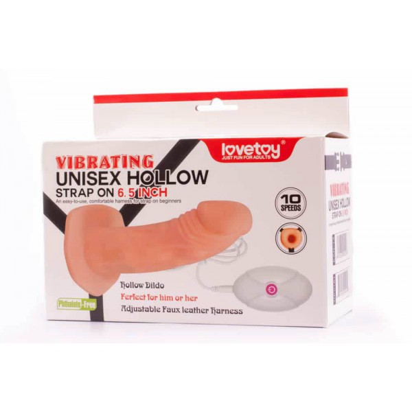 Dildo de correia vibratória unisexo oco 16 x 4,3 cm