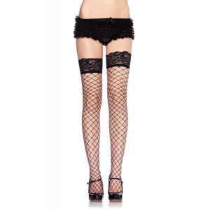 Leg Avenue Fishnet Stockings with Lace - Black